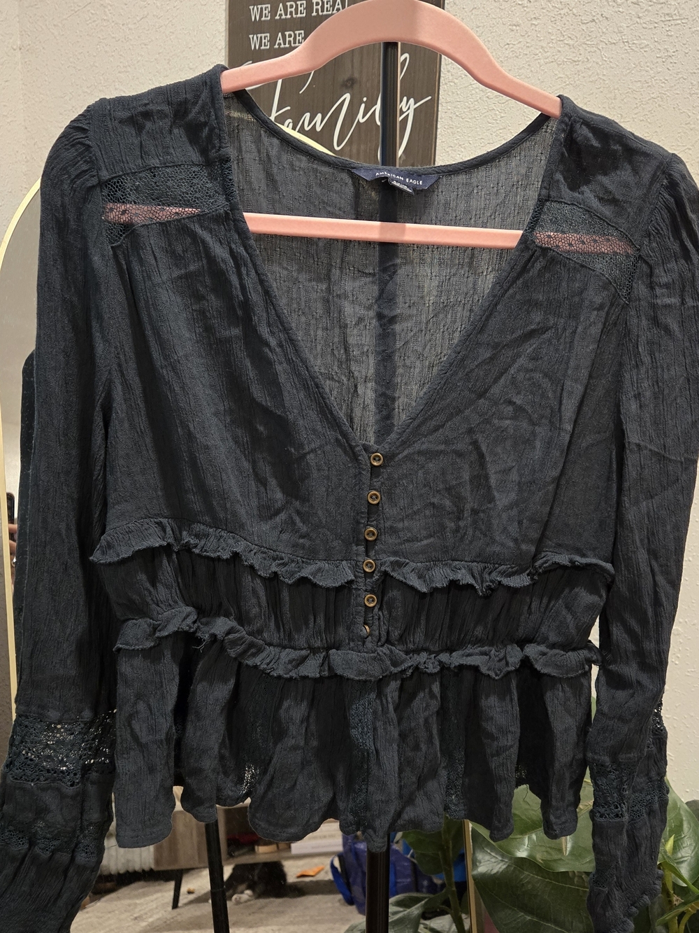 American Eagle Outfitters Navy Ruffled V-Neck Button Blouse